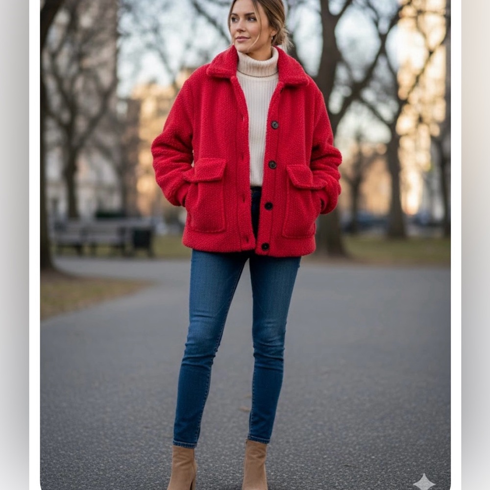 Anthropologie Cozy Red Fleece Jacket